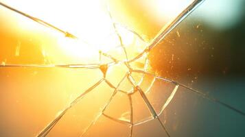 close up view of shattered glass pane, with sunlight streaming through cracks, creating beautiful interplay of light and reflections. image evokes sense of fragility and beauty in destruction photo