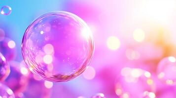 vibrant bubble floats gracefully against dreamy background of soft pink and blue hues, capturing essence of joy and playfulness. light reflects beautifully, creating magical atmosphere photo