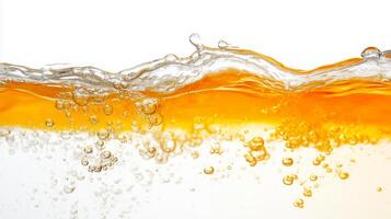 Fresh and vibrant, this captures dynamic interaction of clear water and golden liquid, showcasing bubbles rising through surface. contrast creates engaging visual experience photo