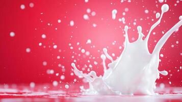 dynamic splash of white liquid against vibrant red background creates striking visual effect, capturing essence of motion and energy. droplets add sense of liveliness to scene photo