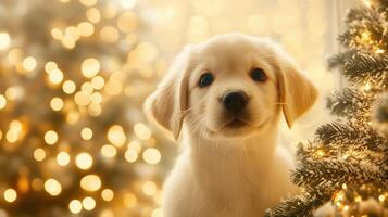 cute puppy sits beside beautifully decorated Christmas tree, surrounded by warm, glowing lights. joyful atmosphere captures essence of holiday season photo