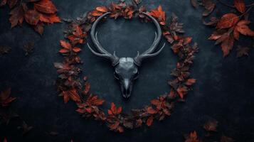 striking deer skull is elegantly displayed at center, surrounded by vibrant red autumn leaves, creating captivating contrast against dark background. This composition evokes sense of natures beauty photo