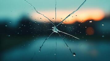 close up view of cracked glass surface with water droplets, showcasing intricate patterns and reflections. background features blurred sunset, creating dramatic and emotional atmosphere photo