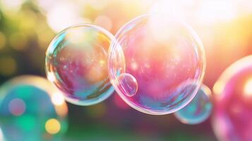 Bubbles float gracefully in vibrant, colorful background, capturing essence of joy and playfulness. sunlight reflects off their surfaces, creating magical atmosphere photo