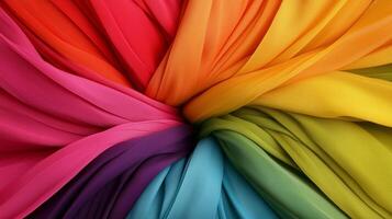 Vibrant and colorful fabric drapes create stunning visual display, showcasing spectrum of hues from red to blue. soft texture and flowing arrangement evoke sense of creativity and warmth photo