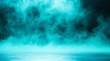 mystical scene featuring swirling turquoise smoke against dark background, creating ethereal atmosphere. soft, flowing mist adds depth and intrigue to composition photo