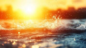 maravilloso puesta de sol terminado reluciente cuerpo de agua crea mágico atmósfera, con salpicaduras de agua reflejando calentar matices de naranja y oro. escena evoca sentido de tranquilidad y belleza foto