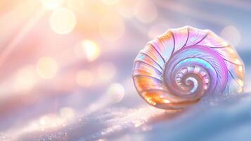 beautiful iridescent shell glistens softly against dreamy background of pastel colors and gentle bokeh, evoking sense of tranquility and wonder photo
