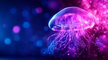 vibrant jellyfish glows in mesmerizing display of purple and blue hues, surrounded by sparkling bokeh lights that create magical underwater atmosphere photo