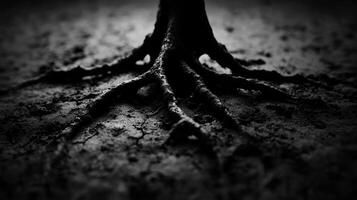 image captures intricate details of tree roots emerging from ground, showcasing stark contrast between dark roots and textured soil. scene evokes sense of natures resilience and beauty photo