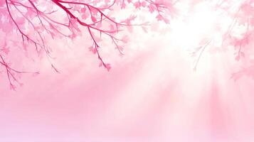 serene pink background featuring delicate branches with leaves, illuminated by soft rays of light, creating tranquil and dreamy atmosphere photo