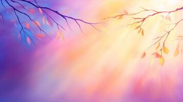 serene and colorful abstract background featuring soft rays of light filtering through delicate branches with leaves. vibrant hues create calming atmosphere, perfect for various creative projects photo