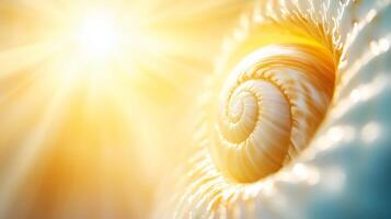 close up view of beautiful seashell illuminated by bright sunlight, showcasing intricate patterns and textures. warm glow creates serene and tranquil atmosphere, perfect for nature lovers photo