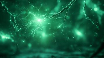 mesmerizing close up of glowing neural connections, showcasing intricate details of synapses and neurons in vibrant green hue. This evokes sense of wonder about complexities of brain photo