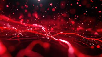 Dynamic red abstract background with flowing lines and glowing particles, creating sense of movement and energy. Perfect for technology or science themes photo