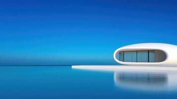 Modern architecture meets serene waters in this stunning image of futuristic building by sea. sleek design and vibrant blue sky create tranquil atmosphere photo