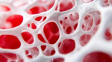 intricate structure of this showcases network of white, porous material against vibrant red background, evoking sense of organic beauty and complexity photo