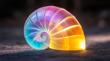 beautifully crafted, iridescent shell with vibrant colors of blue, pink, and yellow, resting on textured surface. shells spiral shape and luminous quality evoke sense of tranquility and wonder photo