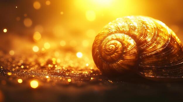 Golden snail shell glistening in warm light, surrounded by sparkling bokeh. enchanting scene captures beauty of nature and intricate details of shell photo