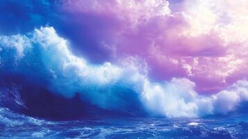 Majestic ocean waves crash against shore, creating stunning display of blue and purple hues under vibrant sky. scene evokes sense of tranquility and awe photo