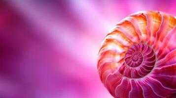 vibrant and detailed close up of colorful seashell, showcasing its intricate spiral patterns against soft, blurred pink background. image evokes sense of tranquility and natural beauty photo