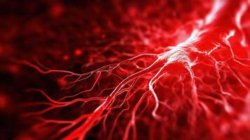image depicts close up view of network of blood vessels, showcasing intricate details and vibrant red color. This representation highlights complexity and beauty of circulatory system, evoking sense photo