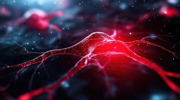 close up view of neuron illuminated in red, showcasing its intricate structure and connections against dark, starry background. This captures beauty of neural networks and their complexity photo