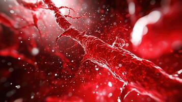close up view of red blood vessel, showcasing intricate details and textures. vibrant red color and dynamic background create sense of movement and life, emphasizing importance of blood circulation photo