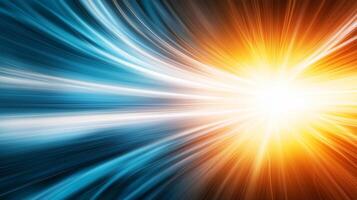 Vibrant light rays in blue and orange create dynamic burst effect, symbolizing energy and motion. This abstract image evokes sense of speed and excitement photo