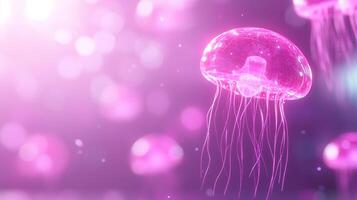 mesmerizing underwater scene featuring glowing pink jellyfish gracefully floating in dreamy, soft focus background. ethereal light creates magical atmosphere, evoking sense of wonder and tranquility photo