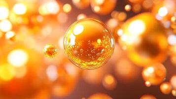 Bubbles float gracefully in warm, orange toned atmosphere, creating mesmerizing visual effect. interplay of light and reflections adds depth and vibrancy to scene photo