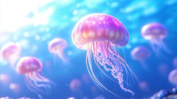 mesmerizing underwater scene featuring vibrant jellyfish gracefully floating in serene ocean environment. soft, glowing colors create tranquil and enchanting atmosphere photo