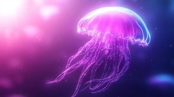 vibrant jellyfish glows in shades of purple and blue, gracefully floating through dreamy underwater scene. Its delicate tentacles trail behind, creating mesmerizing visual effect photo