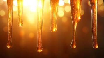 Golden honey dripping in warm, glowing light creates mesmerizing and sweet atmosphere. shimmering texture and vibrant color evoke feelings of warmth and indulgence photo