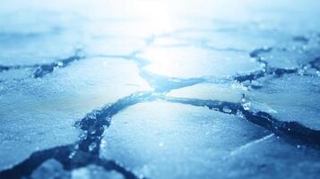 Frozen ice surface with cracks, reflecting light, creating serene and tranquil atmosphere. intricate patterns of ice showcase natures beauty and fragility photo