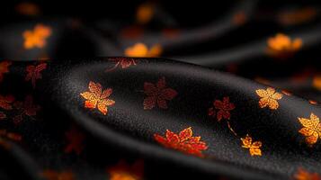 Luxurious black fabric with intricate orange and gold leaf patterns, creating rich and elegant texture. shimmering design adds depth and warmth, perfect for sophisticated decor photo