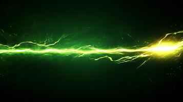 vibrant green lightning bolt illuminates dark background, creating striking contrast. dynamic energy and movement evoke sense of power and excitement photo