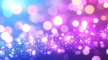 Vibrant bokeh lights create dreamy atmosphere with shades of blue, pink, and purple. sparkling effect adds magical touch, perfect for backgrounds or festive themes photo