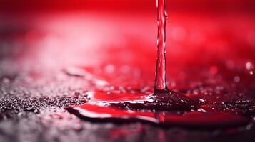 close up view of vibrant red liquid flowing and pooling on textured surface, creating striking visual effect. rich color and smooth texture evoke sense of drama and intensity photo