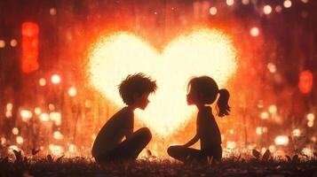 heartwarming scene of two children sitting together, silhouetted against glowing heart backdrop. Their expressions convey innocence and joy, capturing moment of friendship and connection photo
