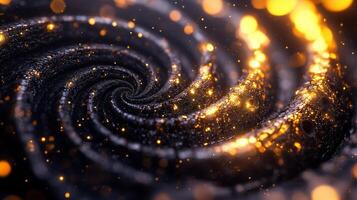 mesmerizing spiral galaxy with shimmering golden particles swirling in dark cosmic background, evoking sense of wonder and infinity photo