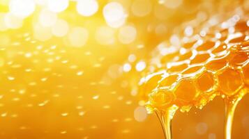 Golden honey drips from honeycomb, creating warm and inviting atmosphere. vibrant yellow hues and soft bokeh background enhance natural sweetness and richness of honey photo