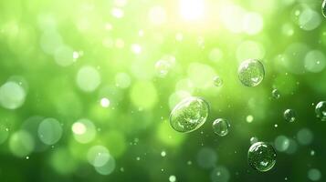 Bright green bubbles float gracefully in soft, dreamy background filled with shimmering light. This enchanting scene evokes sense of tranquility and freshness photo