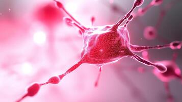 vibrant depiction of neuron, showcasing intricate details and glowing pink hue, representing complexity of neural connections and brain activity photo