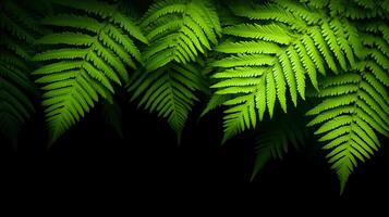 Lush green fern leaves create vibrant and serene atmosphere, showcasing natures beauty against dark background. intricate patterns of leaves evoke sense of tranquility and freshness photo