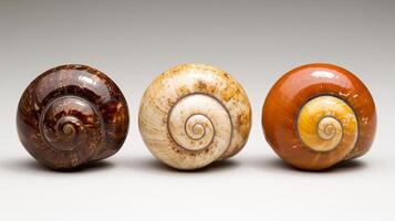 image showcases collection of three beautifully polished seashells, each displaying unique patterns and colors. intricate spiral designs and glossy finishes highlight natural beauty of these marine photo