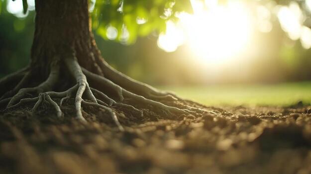 image captures intricate roots of tree, bathed in warm sunlight, creating serene and peaceful atmosphere. sunlight filters through leaves, enhancing natural beauty of scene photo