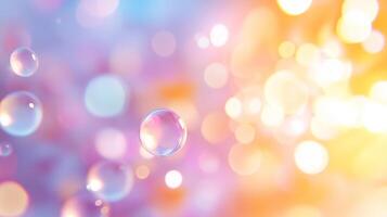 Bubbles float gracefully against dreamy, colorful background filled with soft bokeh lights, creating whimsical and enchanting atmosphere photo