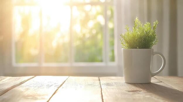 small green plant in white pot sits on wooden table, illuminated by warm sunlight streaming through window, creating serene and inviting atmosphere photo
