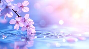delicado Cereza flores flotador graciosamente en superficie de sereno agua cuerpo, creando ondas ese reflejar suave pastel matices tranquilo escena evoca sentido de paz y belleza foto